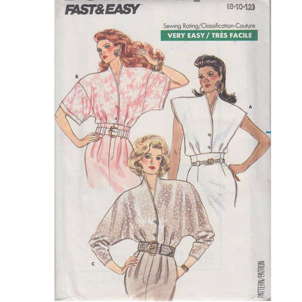 Easy 80s Tops Uncut Butterick 6243 Front Button Drop Shoulder Kimono Sleeves Size 8-12 Bust 31.5 - 34 Vintage Sewing Pattern