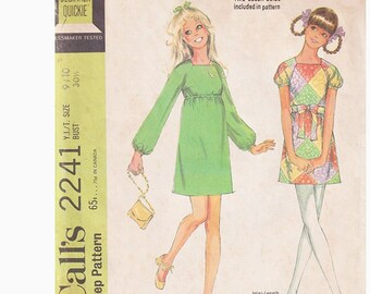 McCalls 2241 1960s Set of Easy Dresses Size 9/10 Bust 30.5 High Waist / Square Neckline / Mini Dress / Puffed Sleeves Vintage Sewing Pattern