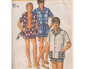 1970s Mens Beachwear Fashion Sewing Pattern Simplicity 9434 Belted Lounge Jacket Cover Up / Lined Swim Trunks Size 38 Waist 32