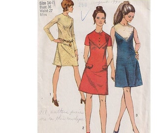 70s Shift Dress Pattern Simplicity 8878 Size 14 Bust 36 Shaped Yoke / High Round Neck / Set in Long or Short Sleeves or Sleeveless