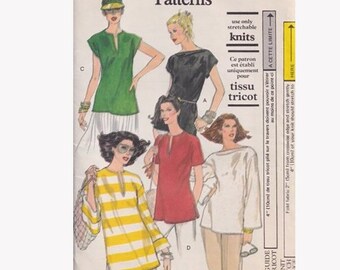 70s Very Easy Vogue Pattern 7062 Womens T Shirt in 5 Styles Size 12-14 Boat Neck or Neckline Slit Pullover with Sleeve Options