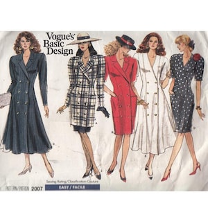 May include: A Vogue's Basic Design sewing pattern envelope 2007 featuring illustrations of five different dress styles. The designs include a dark coat dress, a plaid blazer, a red double-breasted dress, a white dress, and a polka dot dress.