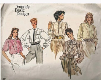 1980s Blouse Vogue 1081 Romantic Loose Fitting Poet Top Extended Shoulders High Wrap Tie Bow at Neck Bust 30.5 -32.5 Vintage Sewing Pattern