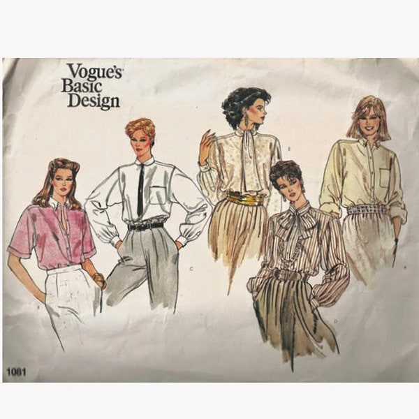1980s Blouse Vogue 1081 Romantic Loose Fitting Poet Top Extended Shoulders High Wrap Tie Bow at Neck Bust 30.5 -32.5 Vintage Sewing Pattern
