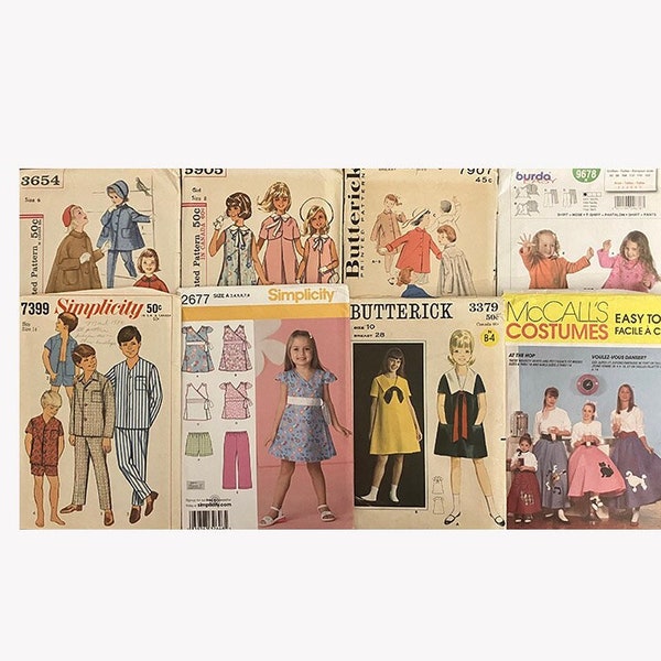 Lot of 8 Childrens Sewing Patterns 1950s to 2000s Girls Coats, Tops, Pants, Dresses, Costume, Pajamas Size Range 2 to 14
