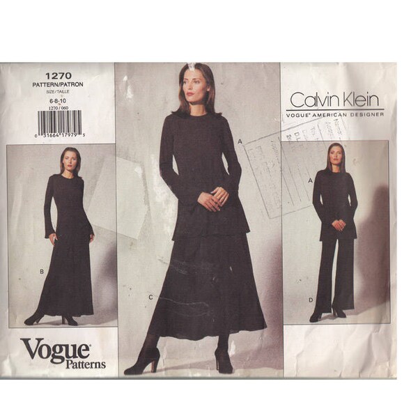 Easy Dress or Skirt in 2 Lengths and Pants with Tunic UNCUT Vintage 90s Vogue Sewing Pattern 1270 Calvin Klein Size 6 - 10 Bust 30.5 - 32.5