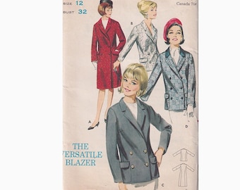 Vintage Sewing Pattern 1950s Double Breasted Coat and Blazer Butterick 3341 Size 12 Bust 32 Lined Jacket / Patch Pockets