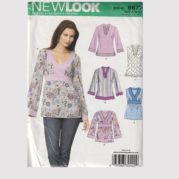 Peasant Top Pattern New Look 6677 Size 10 to 22 Bust 32.5 Through 48" Uncut Sewing Pattern Sleeve, Neckline and Bodice Options