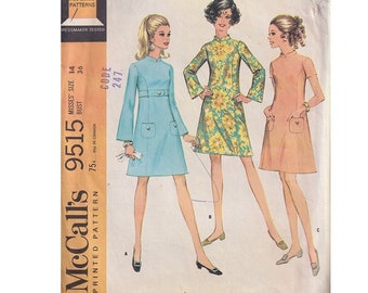 60s A Line Dress Pattern in 3 Versions McCalls 9515 Size 14 Bust 36 Raised Collar /Princess Seams /Optional Pockets/ Flared or Short Sleeve