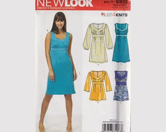 Knit Dress or Top Pattern New Look 6801 Size 10 - 22 Bust 32.5 - 44 High Waist, Shaped Neckline, Sleeve Options Uncut FF OOP Sewing Pattern