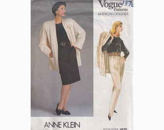 1980s Vogue 1870 Sewing Pattern Loose Fit Jacket, Tapered Pants, Straight Skirt, Top Bust 38 Anne Klein Uncut Vintage Sewing Pattern