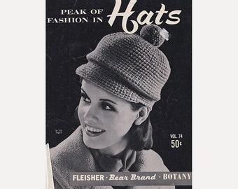 60s Hat Patterns Bear Brand Vintage Knitting and Crochet Volume 74 Peak of Fashion in Hats / Chunky Knit / Helmet / Cloche / Pom Poms +