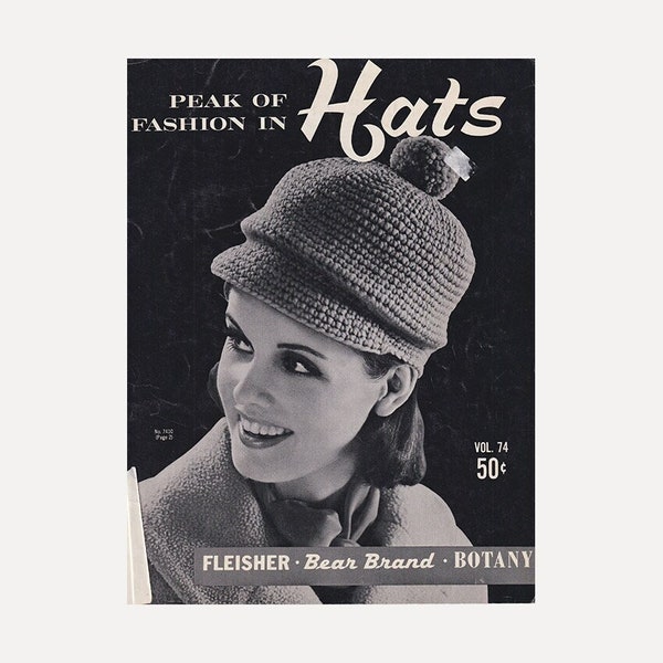 60s Hat Patterns Bear Brand Vintage Knitting and Crochet Volume 74 Peak of Fashion in Hats / Chunky Knit / Helmet / Cloche / Pom Poms +