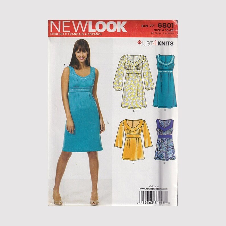 Knit Dress or Top Pattern New Look 6801 Size 10 22 Bust 32.5 44 High Waist, Shaped Neckline, Sleeve Options Uncut FF OOP Sewing Pattern image 1
