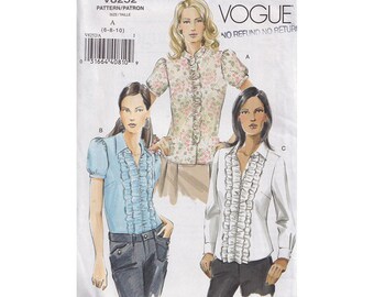 Vogue Sewing Pattern 8252 Easy Womens Ruffle Front Shirt Size 6 8 10 Sleeve and Collar Options Button Front Barrel Sleeves Uncut FF