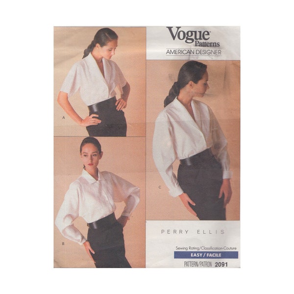 Ladies Easy 80s Shirt UNCUT Vintage Vogue Sewing Pattern 2091 Designer Perry Ellis/Collar & Sleeve Variations/Size 8-12 Bust 31.5-34