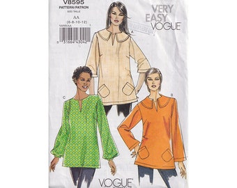 Very Easy to Sew Tunic Tops Vogue 8595 Size 6 8 10 12 Collar/No Collar Options/ Sleeve Options / Angled Pockets Uncut FF Sewing Pattern