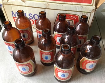 ON SALE Brown Glass Beer Bottles and Case Vintage 70s Molson Export Ale Box 10 Empty Bottles & Beaten Up Salvaged 12 Pack Box