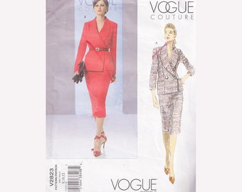 Vogue Couture Pattern 2823 Easy to Sew Fitted Jacket and Skirt in 2 Lengths Size 8-10-12 Double Breasted/Sleeve Options/Shawl Collar/