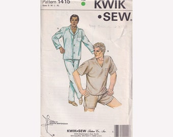 1980s Kwik Sew 1415 Mens Pajamas with Long or Short Pants and Top in 2 Styles Chest 34 to 48" Uncut Sewing Pattern