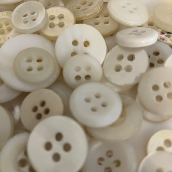 Bag of 100 Buttons White 4 Hole Flat Buttons Shades of White-Cream Vintage Salvaged Buttons For Sewing, Art and Craft Projects