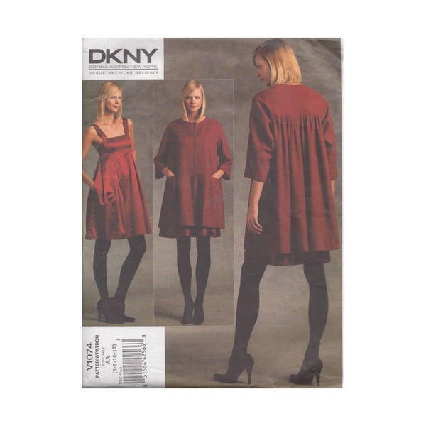 Empire Waist Cocktail Dress and Coat UNCUT Vogue Designer Sewing Pattern 1074 Donna Karan DKNY SIze 6-12 Bust 30.5 to 34"