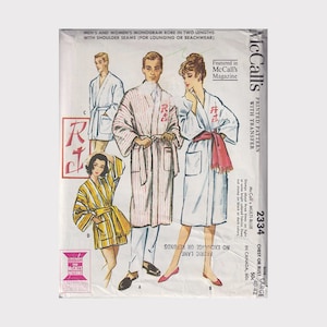 Vintage 50s Robe Pattern McCalls 2334 Men and Women Size Large Chest/Bust 40-42 Kimono in 2 Lengths / Monogram Transfer Uncut FF OOP