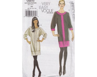 Very Easy Vogue Dress Pattern 8610 Size 8 10 12 14 Bust 31.5 to 36 Oversized // Banded Neckline and Hem // Kimono Sleeves // Uncut FF OOP