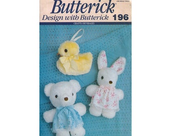 Butterick 196 Vintage 90s Stuffed Animals and Clothes Duck, Bunny and Bear 5 1/2 to 11" Tall Uncut Sewing Pattern