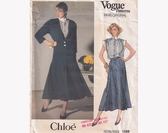 Vogue 1588 Paris Original Chloe Jacket Skirt and Top Bust 36 Vintage Sewing Pattern Loose Fit Jacket and Top / Flared Skirt with Godets