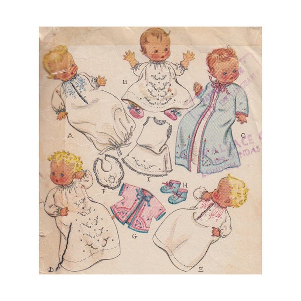 1940s Newborn Baby Layette McCalls Sewing Pattern 773 Nightgown with or without Drawstring, Kimono, Booties, Bib and Dress