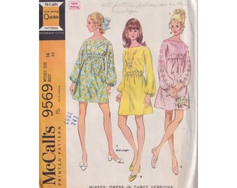 60s Vintage Sewing Pattern Womens Dress in 3 Versions McCalls 9569 Size 14 Bust 36 Boat Neck, Long Sleeves, Mini Mod Dress, Raised Waist