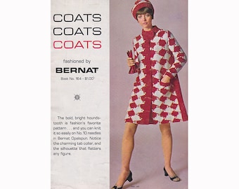 1960s Vintage Knitting Patterns Bernat Book 164 Coats Coats Coats Bold Houndstooth Coat, High Hats, Muffs, Hats, Coats