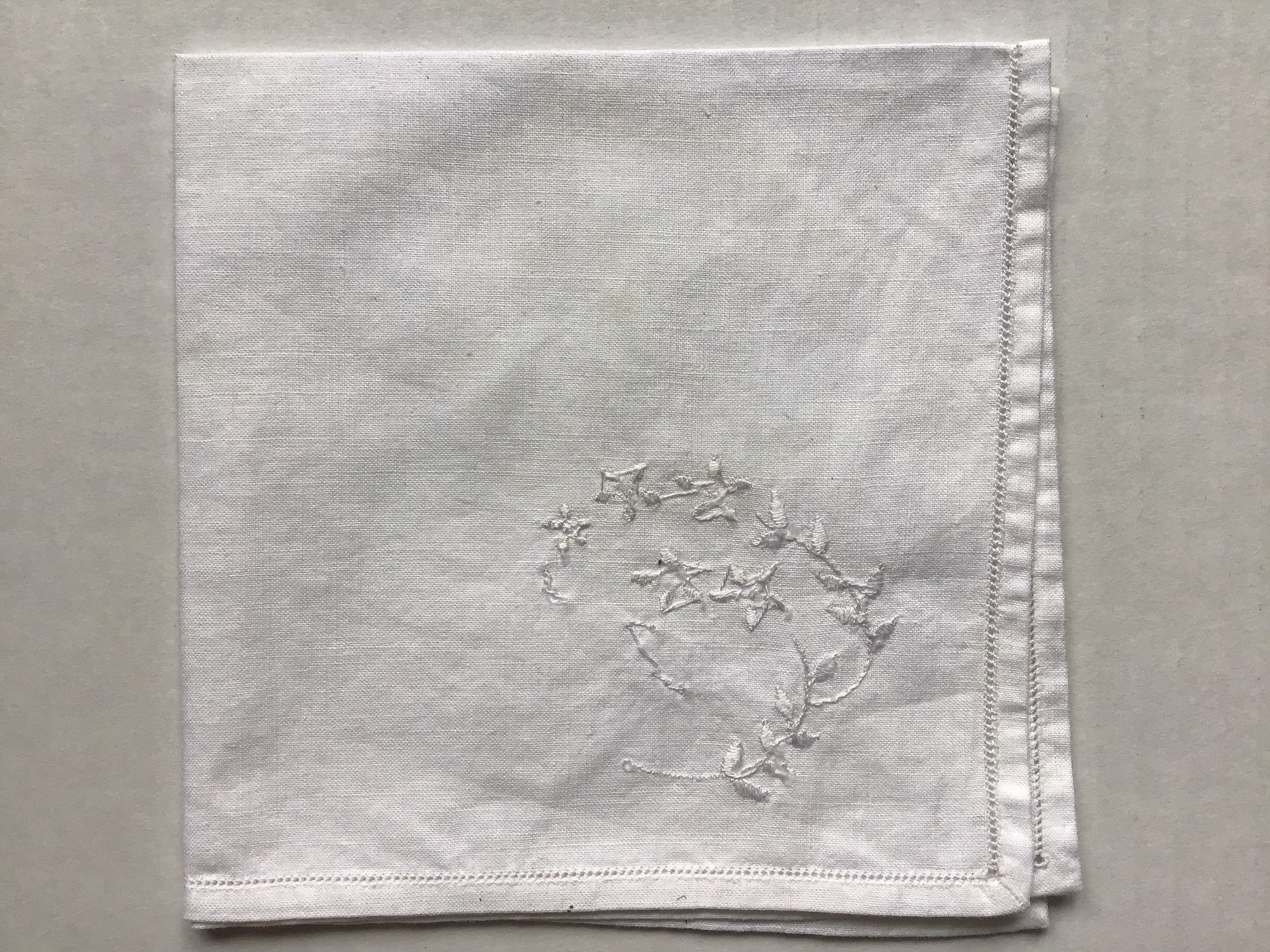 Vintage Hanky White on White Embroidery 10 1/2 Square Cotton Handkerchief with Embroidered Corner Pulled Thread Edge