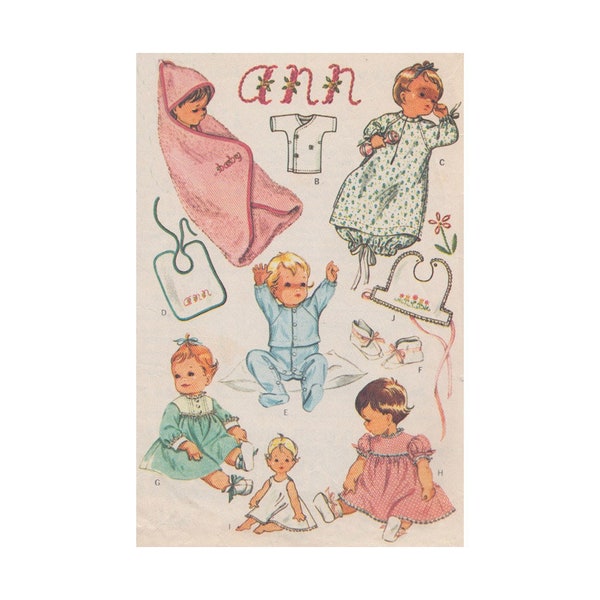 Baby's Easy 60s Layette Vintage McCalls Sewing Pattern 7715 Hooded Towel/ Drawstring Nightgown/ Romper/ Bibs/ Kimono/ Dresses/ Transfer