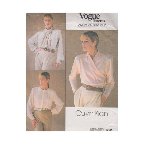 80er Jahre Vogue 1792 Top in 3 Stile Größe 14 Büste 36 Vintage Calvin Klein Schnittmuster amerikanischen Designer Wrap Jabot Pin Drapiert vorne