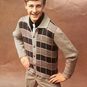 May include: A retro cardigan in a checkered design of grey, brown, and black. The button-up sweater is worn with a black collared shirt, a white tie, and grey trousers. The image shows a vintage fashion style.