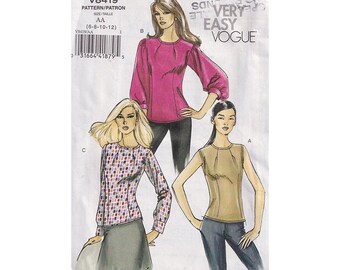 Very Easy Vogue 8419 Womens Top with Sleeve Options Size 6 to 12 Bust 30.5 to 34 Released Front Neckline Pleat / Sleeveless / Long Sleeves