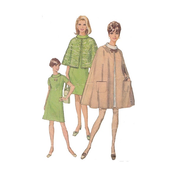 des années 60 robe et Cape ou Capelet taille 16 38 buste simplicité 7544 princesse coutures entonnoir cou bague encolure sans col Cape Vintage patron de couture