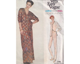 Vogue 2182 70s Very Easy to Sew Skirt Pants and Jacket Oscar De La Renta Size 12 Bust 34 Uncut Sewing Pattern Floor Length // V Neck //