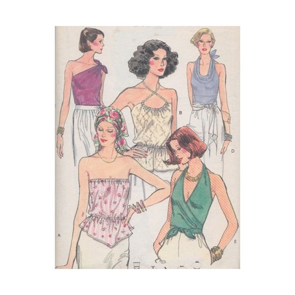 Very Easy 70s Disco Evening Tops Vogue 9780 Size 10 Bust 32.5 One Shoulder Cowl Halter Cross Front Halter Deep V Sleeveless Wrap Strapless