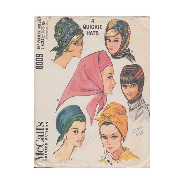 4 einfach zu nähen 1960er Jahren Hüte McCalls 8009 Turban Stil Hüte, Kapuze, Halstuch Stil Schnittmuster 2 Größen 21 1/2 bis 23"