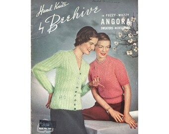 50s Hand Knits by Beehive Book 141 Fuzzy Wuzzy Angora Sweaters and Accessories Bust 32 - 42 Vintage Knitting Patterns Hats Mitts Sweaters