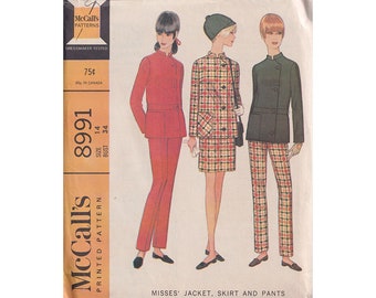 1960s Jacket, Skirt and Pants McCalls 8991 Size 14 Bust 34 Nehru Jacket, Slim Pants, Asymmetrical Button Front Uncut Sewing Pattern