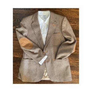 Mens Vintage 90s DAKS Wool Houndstooth Blazer: Leather Elbow Patches, Size 40/42 Retro Menswear