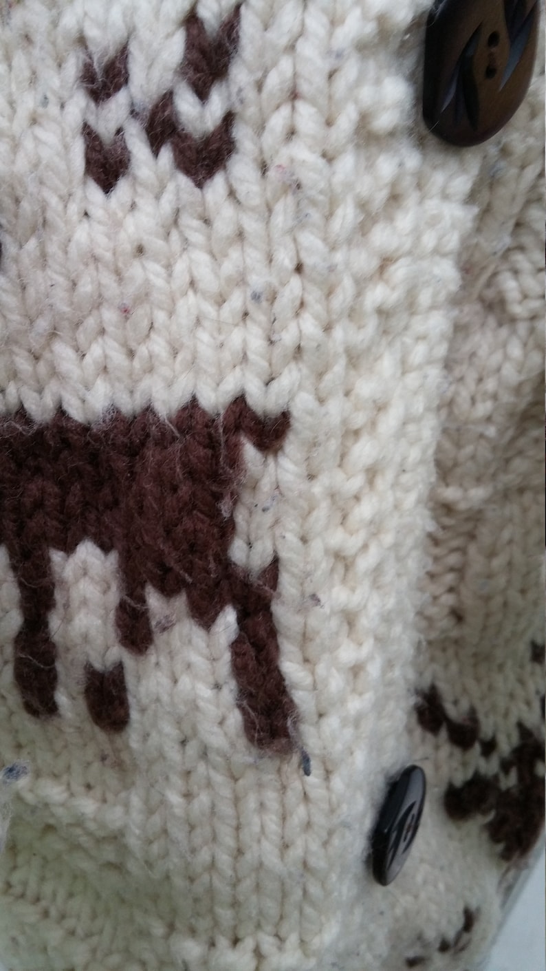 Ladies 80s Hand Knit Winter Sweater Chunky Knit Wool Cardigan Reindeers Trees Stars Diamonds in Boxy Button Up Size Large