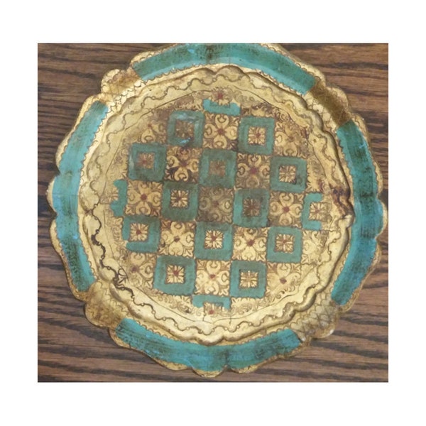 Vintage Italian Florentine Gilt and Teal Cocktail Tray Triangle Design Ornate Boho Home Decor 9 1/2 Inch Circular Tray