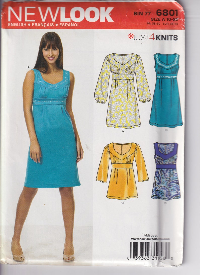 Knit Dress or Top Pattern New Look 6801 Size 10 22 Bust 32.5 44 High Waist, Shaped Neckline, Sleeve Options Uncut FF OOP Sewing Pattern image 3