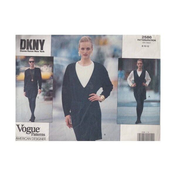 Easy Donna Karan Jumper or Dress Vintage 90s DKNY Vogue Sewing Pattern 2586 Deep V or Round Neck Dolman Sleeve Size 8-10-12