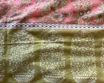 Cotton Sari Type Fabric 3 Feet Wide X 8 Feet Long Pink Taupe and Green Mixed Pattern Floral Center